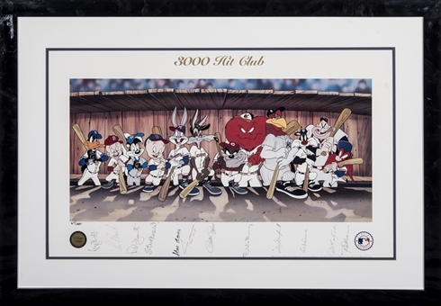 3000 Hit Club Multi-Signed Looney Tunes Litho In 27x39 Framed Display With 12 Signatures Including Aaron, Mays & Rose (JSA)